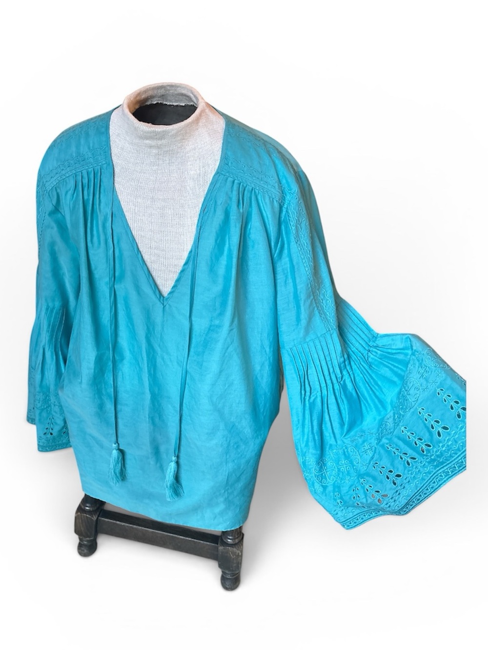 Kobi Halperin Light Turquoise V-Neck Blouse with Tie and Bell Sleeves NWT!!